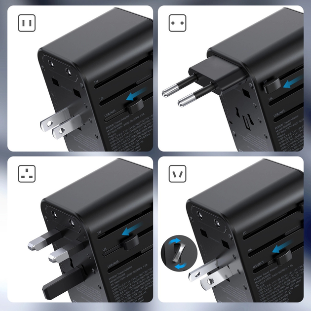 Мережевий зарядний пристрій CHOETECH PD5009-BK 2 x USB-C + USB-A 65 Вт US/EU/UK/AU Black (6932112102027) - зображення 7