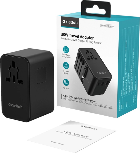 Ładowarka sieciowa podróżna CHOETECH PD5020 2 x USB-A + USB-C 35 W US/EU/UK/AU z wbudowanym kablem USB-C Black (6932112106872) - obraz 3