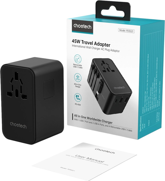 Ładowarka sieciowa podróżna CHOETECH PD5021 2 x USB-A + USB-C 45 W US/EU/UK/AU z wbudowanym kablem USB-C Black (6932112106889) - obraz 3