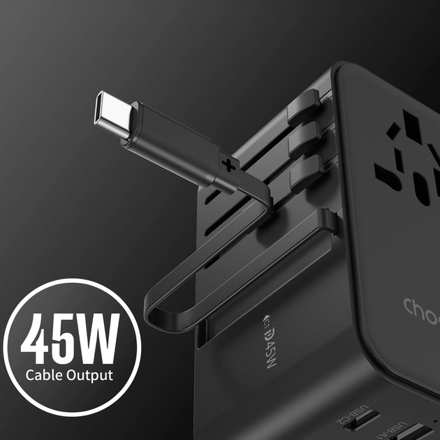 Ładowarka sieciowa podróżna CHOETECH PD5021 2 x USB-A + USB-C 45 W US/EU/UK/AU z wbudowanym kablem USB-C Black (6932112106889) - obraz 7