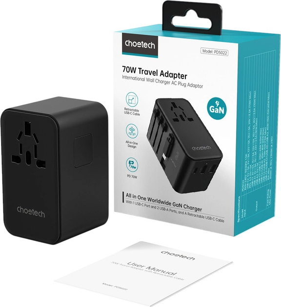Ładowarka sieciowa podróżna CHOETECH PD5022 2 x USB-A + USB-C 70 W US/EU/UK/AU z wbudowanym kablem USB-C Black (6932112106896) - obraz 3