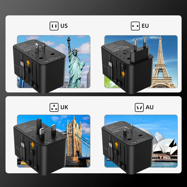 Ładowarka sieciowa podróżna CHOETECH PD5022 2 x USB-A + USB-C 70 W US/EU/UK/AU z wbudowanym kablem USB-C Black (6932112106896) - obraz 10
