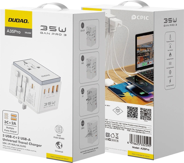 Мережевий зарядний пристрій Dudao A35Pro 2 x USB-A + 3 x USB-C 35 Вт US/EU/UK/AU/JP White (6976625332595) - зображення 3