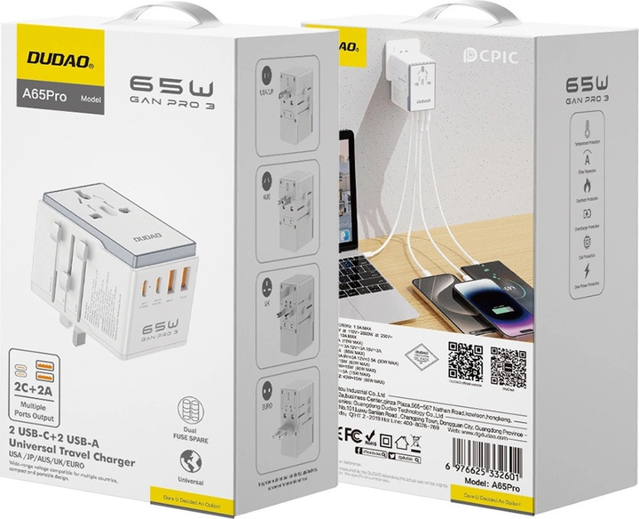 Ładowarka sieciowa podróżna Dudao A65Pro 2 x USB-A + 2 x USB-C 65 W US/EU/UK/AU/JP White (6976625332601) - obraz 3
