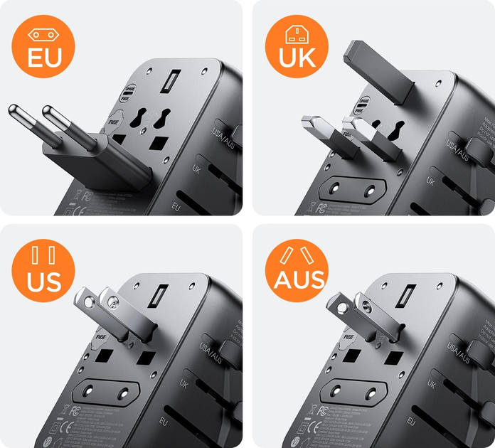 Мережевий зарядний пристрій JOYROOM JR-TCW01 3 x USB-A + USB-C 17 Вт US/EU/UK/AU/JP/CN Black (6956116701963) - зображення 8