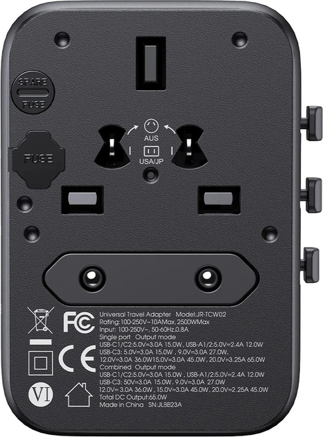 Ładowarka sieciowa podróżna JOYROOM JR-TCW02 2 x USB-A + 3 x USB-C 65 W US/EU/UK/AU/JP/CN Black (6956116701970) - obraz 3
