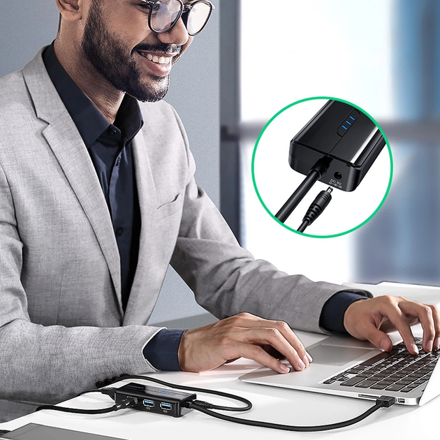 USB-хаб Ugreen USB 3.0 - 3 x USB 3.0 + RJ45 1000M Ethernet Black (6957303822652) - зображення 4