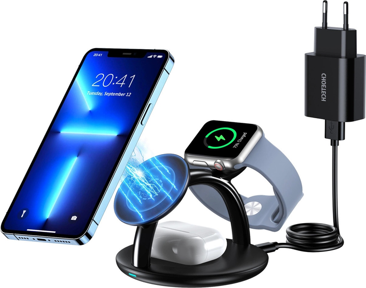 Бездротова зарядна станція CHOETECH 3 in 1 T587-F для iPhone / AirPods Pro / Apple Watch Black (6932112102713) - зображення 3