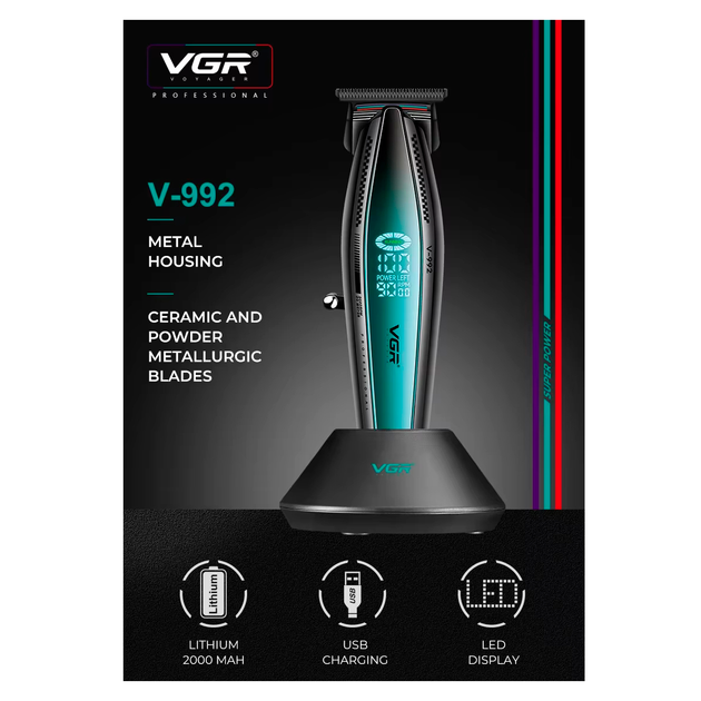 Триммер аккумуляторный VGR V-992 GREEN, 9000 RPM, 2000 mAh, 3 насадки, LED дисплей - изображение 7