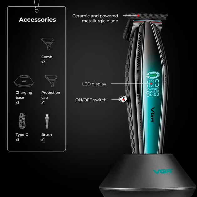 Триммер аккумуляторный VGR V-992 GREEN, 9000 RPM, 2000 mAh, 3 насадки, LED дисплей - изображение 8