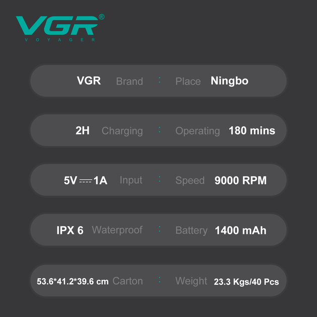 Электробритва VGR V-368 шейвер, двойное лезвие, LED дисплей, водонепроницаемая - Фото 2 Электробритва VGR V-368 шейвер, двойное лезвие, LED дисплей, водонепроницаемая - изображение 2
