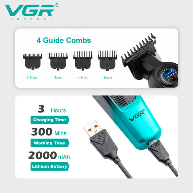 Триммер аккумуляторный VGR V-996 GREEN, 4 насадки, LED дисплей - изображение 3