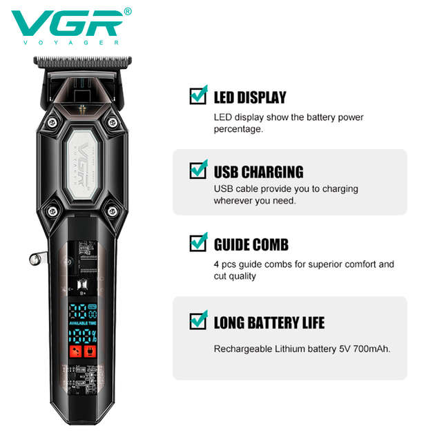 Триммер аккумуляторный VGR V-900 BLACK, 4 насадки, 7000 RPM, 700mAh, LED дисплей - изображение 5
