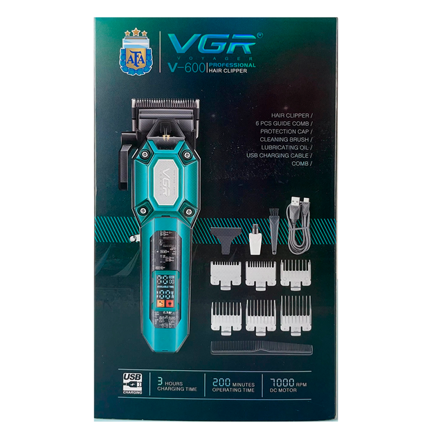 Аккумуляторная машинка для стрижки VGR V-600 GREEN, 6 насадок, регулятор высоты, 7000 RPM, LED дисплей - изображение 5