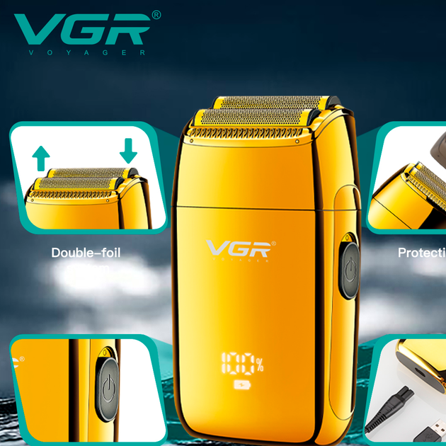 Электробритва VGR V-399 GOLD шейвер, влагостойкая, дополнительная насадка, LED дисплей - изображение 3
