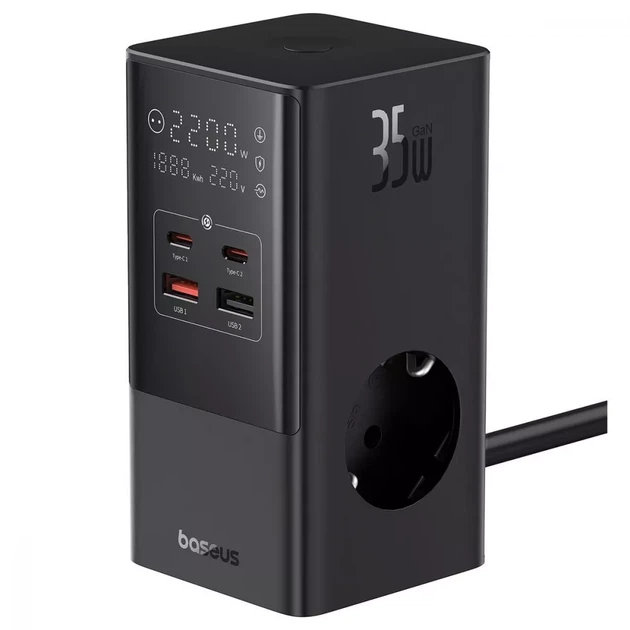 Мережевий фільтр Baseus Power Combo Tower Digital 3AC+2USB+2Type-C 35W 1.5m Чорний - Фото 2 Мережевий фільтр Baseus Power Combo Tower Digital 3AC+2USB+2Type-C 35W 1.5m Чорний - зображення 2