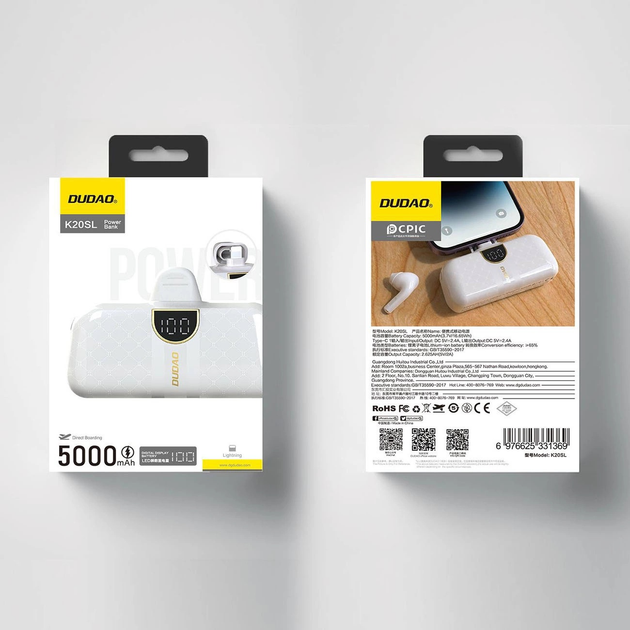 Powerbank Dudao K20SL Lightning 5000 mAh White (6976625331369) - obraz 3