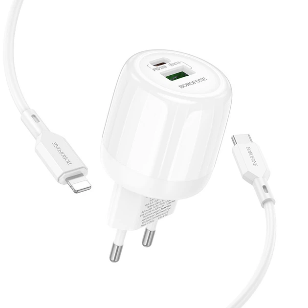 Мережевий зарядний пристрій Borofone BA93A Lustrous PD20W+QC3.0 (1USB-A/1C) + кабель Type-C to Lightning White - Фото 3 Мережевий зарядний пристрій Borofone BA93A Lustrous PD20W+QC3.0 (1USB-A/1C) + кабель Type-C to Lightning White - зображення 3