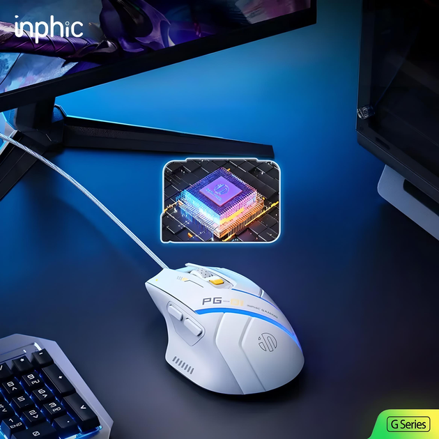 Проводная игровая мышь Inphic PG1 с RGB-подсветкой, 12800 DPI, бело-серый - изображение 4
