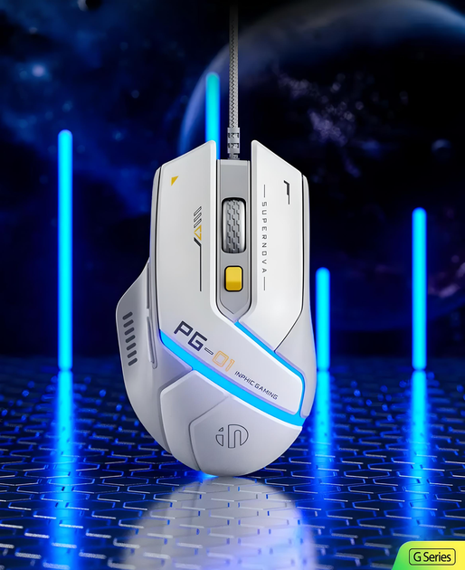 Проводная игровая мышь Inphic PG1 с RGB-подсветкой, 12800 DPI, бело-серый - изображение 8