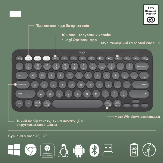Комплект беспроводной Logitech Pebble 2 Combo for Mac Tonal Graphite UA (920-012244) - изображение 6
