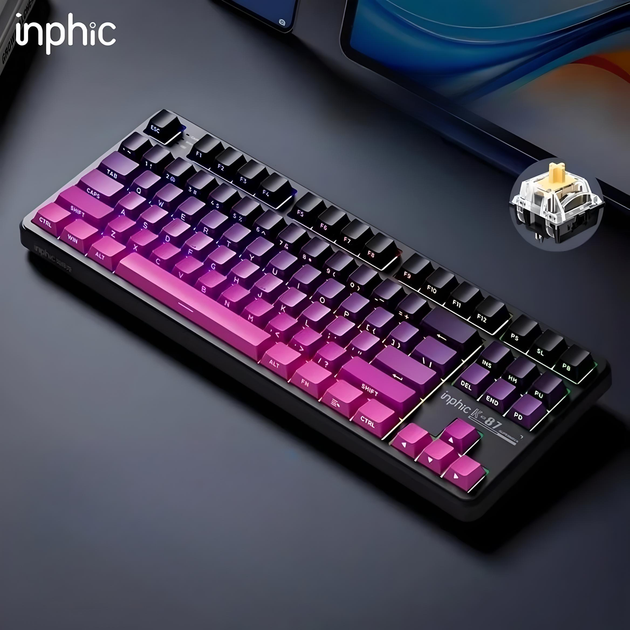 Механическая клавиатура Inphic K87 c комбинированным подключением, подсветкой, 8000 мАч, Switch: Black-Gold, B - изображение 3
