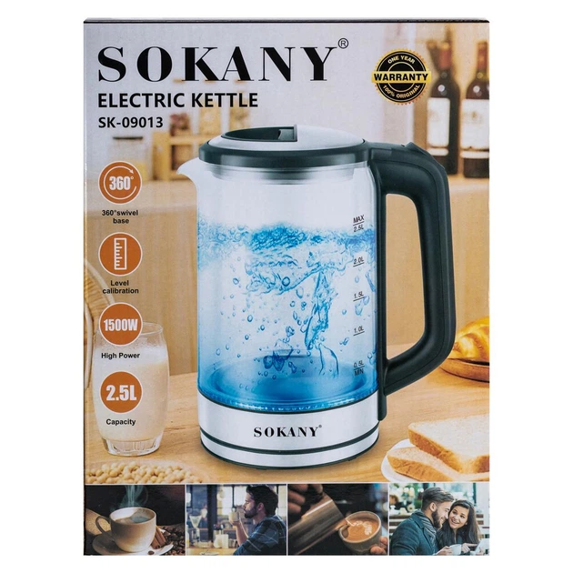Электрочайник стеклянный SOKANY SK-09013 дисковый 2,5л 1500 Вт сталь - изображение 10