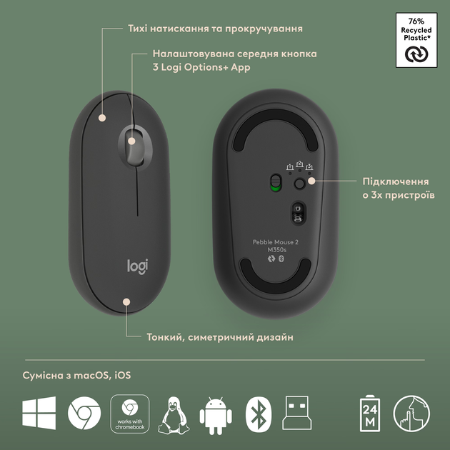 Комплект беспроводной Logitech Pebble 2 Combo for Mac Tonal Graphite UA (920-012244) - изображение 7