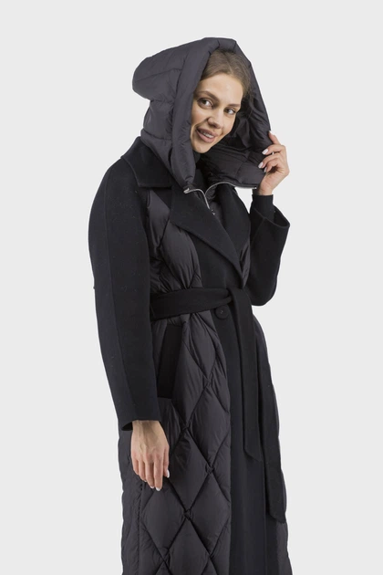 Жіночий однотонний пуховик casual з капюшоном і поясом, реглан рукав Basic (чорний, XL), 27642, 24920 - изображение 5