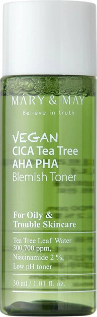 Тонер для лица Mary&May Vegan Cica Tea Tree Aha Pha Blemish Toner с кислотами и экстрактами центлеллы и чайного дерева 30 мл 