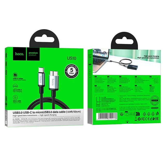 Кабель Hoco Type-C to Micro USB 3.0 excellent speed cable US10 |0.5m, 5Gbps| black - изображение 8
