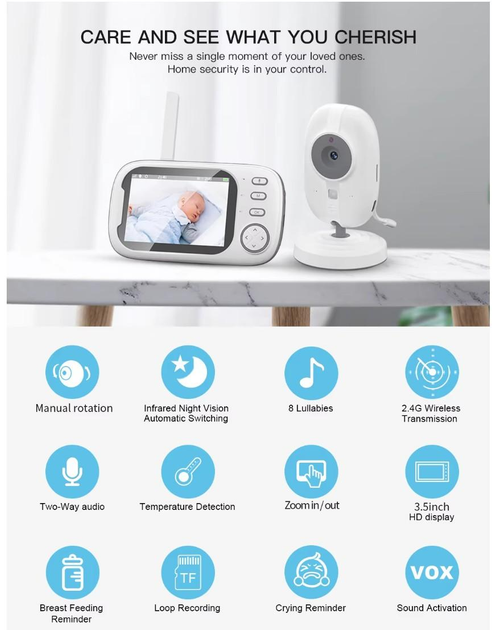 Видеоняня Baby Monitor ABM600-USB Type-c с монитором 3.5'' двусторонней связью и ночным видением - изображение 2