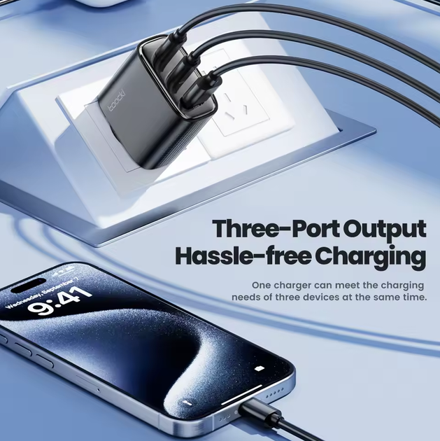 Зарядний пристрій Toocki GaN 40W Fast Charge на 3 порти 2 USB-C і 1 USB-A - зображення 3