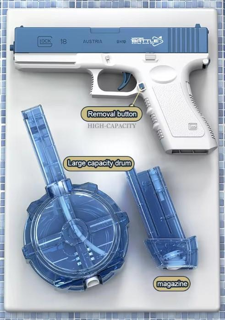 Водяний пістолет електричний акумуляторний Glock Water Battle Upgrated Синій, з двома резервуарами - зображення 2