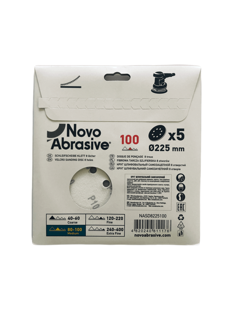 Круг шлифовальный самозацепной NovoAbrasive 225 мм Р100, 8 отверстий, 5 шт (NASD8225100) - Фото 2 Круг шлифовальный самозацепной NovoAbrasive 225 мм Р100, 8 отверстий, 5 шт (NASD8225100) - изображение 2