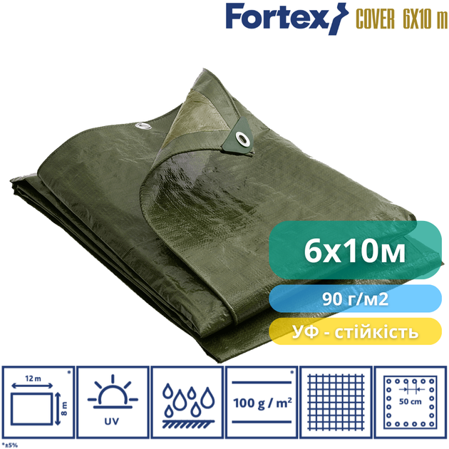 Тент защитный Fortex 6х10 м, 60 м2, 90 г/м2, зеленый - изображение 2