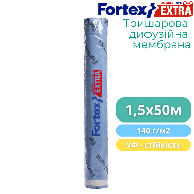 Диффузионная мембрана Fortex Extra + 2 Tape, 1,5х50 м, 75 м2, синяя/белая, 140 г/м2 - изображение 6
