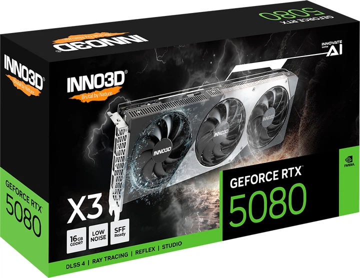 Відеокарта INNO3D PCI-Ex GeForce RTX 5080 X3 16GB GDDR7 (256bit) (2617/30000) (HDMI, 3 x DisplayPort) (N50803-16D7-176068N) - Фото 2 Відеокарта INNO3D PCI-Ex GeForce RTX 5080 X3 16GB GDDR7 (256bit) (2617/30000) (HDMI, 3 x DisplayPort) (N50803-16D7-176068N) - зображення 2