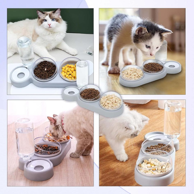 Кормушка 3в1 для животных со съемными мисочками Gatto миска для кошек и собак со встроенной поилкой, 500 мл, серый (101316789) - изображение 2