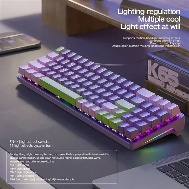 Ігрова механічна клавіатура на червоних свічах з RGB підсвіткою дротова ігрова клава PBT K65 Фіолетова - зображення 6