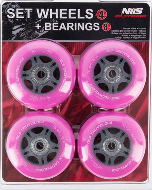 Zestaw Nils Extreme Kółka PU 76x24 82A Różowe 4 szt + Łożyska ABEC-7 8 szt (5907695535907) - obraz 4