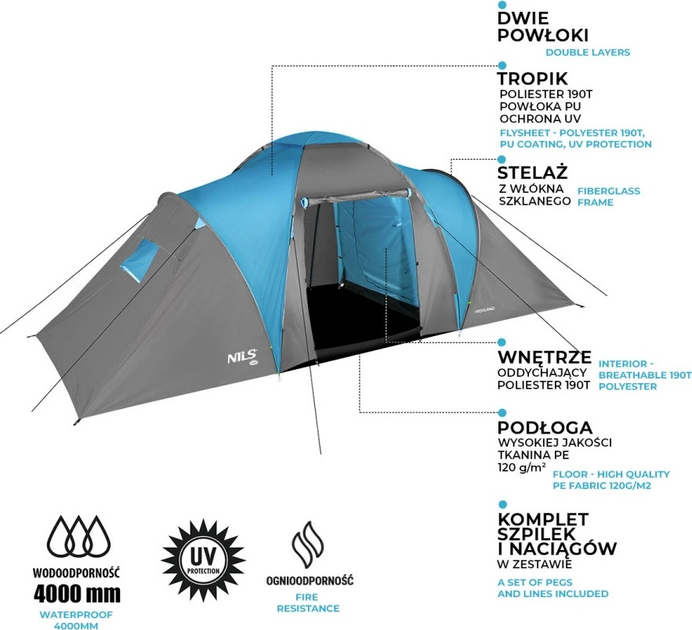 Намет Nils Camp Highland кемпінговий NC6031 Blue-Grey (5907695518894) - зображення 7