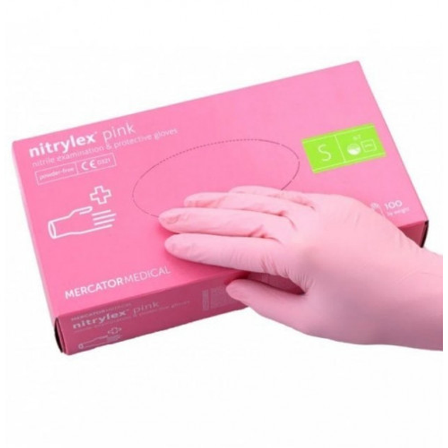 Рукавички нітрилові MERCATOR Nitrylex Pink неопудренні S, (100 шт/пач), рожеві - зображення 1