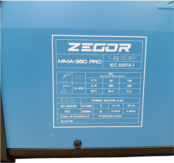 Зварювальний апарат інверторного типу ZEGOR IGBT MMA-360 PRO : 6.2 кВт, 20 - 360 А - зображення 8