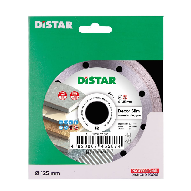 Диск алмазный отрезной 1A1R 125 Distar DECOR SLIM : диск 125х22,23х1,2мм, керамика, керамогранит (11115427010) - Фото 3 Диск алмазный отрезной 1A1R 125 Distar DECOR SLIM : диск 125х22,23х1,2мм, керамика, керамогранит (11115427010) - изображение 3