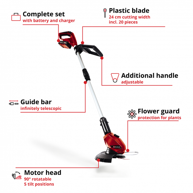 Професійний тример акумуляторний Einhell GE-CT 18 Li Kit : з АКБ 18V 2, 0 Ah, 8500 об/хв, ширина зрізу 24 см - Фото 5 Професійний тример акумуляторний Einhell GE-CT 18 Li Kit : з АКБ 18V 2, 0 Ah, 8500 об/хв, ширина зрізу 24 см - зображення 5