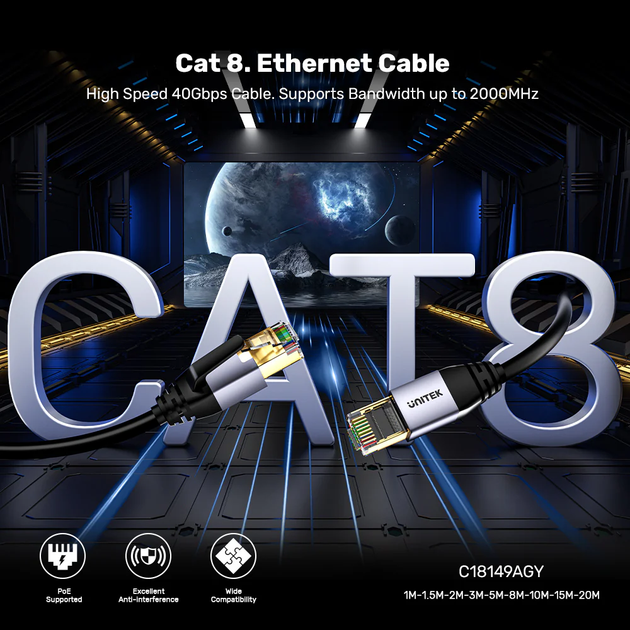 Kabel Unitek Cat 8 Ethernet Cable 10 m Black (C18149AGY03-10M) - obraz 3