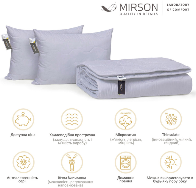 Набор антиаллергенный MirSon 3M Thinsulate Супер Теплый №9033 Eco Light Gray (одеяло 155x215 см + подушки 50х70 средние) (2200005995761) 