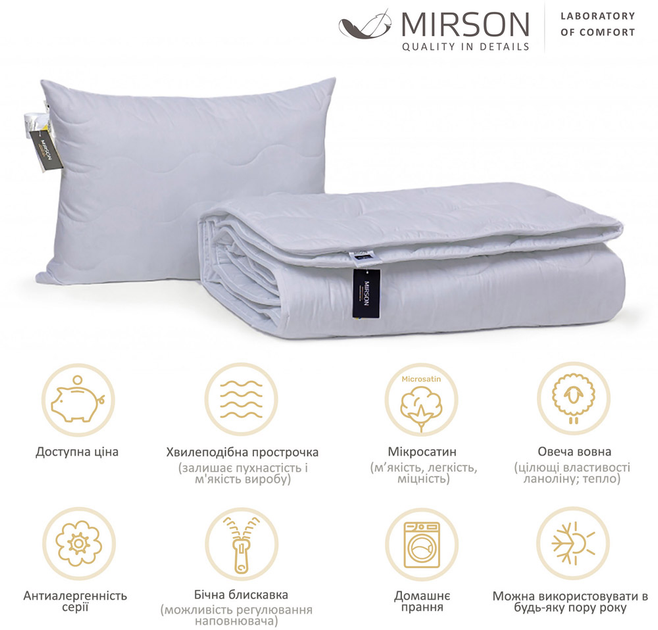Набор Шерстяный MirSon Супер Теплый №9030 Eco Light Gray (одеяло 155x215 см + подушка 50х70 средняя) (2200005995488) 