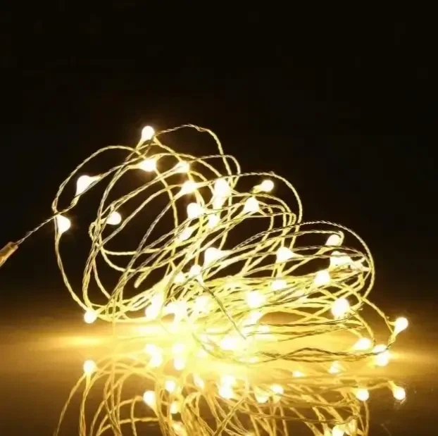 Гірлянда від батарейок та USB-колір тепло білий 100 Led 10m на мідному дроті (Крапля роси) для нового року - зображення 3
